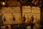 Printable circus treasure hunt invitations and detective certificates with vintage Circus Magnifico design for kids’ mystery parties and birthdays.