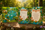 Printable woodland treasure hunt set with a colorful treasure map, party invitation, and completion certificate for an unforgettable kids’ nature adventure.
