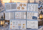 Printable winter treasure hunt activity pages with animal tracks, snowflake Sudoku, mazes, cookie coloring, and game instructions for kids.