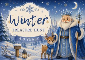 Illustrated winter treasure hunt cover showing a friendly Frost King with an ice staff and a reindeer in a snowy landscape. The image promotes a magical winter scavenger hunt for children aged 4–9 years.