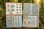 Fun printable nature treasure hunt activities for kids featuring forest mazes, fish puzzles, animal riddles, and woodland challenges for ages 4–9.