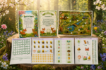 Printable spring treasure hunt set with invitation, completion certificate, treasure map, and nature-themed puzzle pages for kids ages 4–9.