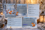 Winter forest scavenger hunt printable for kids with Felix the Fox, game instructions, story pages, and 8 winter activity stations for ages 4–9.