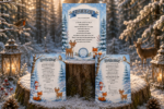 Printable winter scavenger hunt invitations and Brave Winter Helper certificate with Felix the Fox, snowy forest animals, and winter woodland design.
