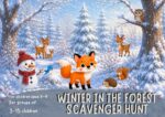 Winter forest scavenger hunt for kids ages 4–9 featuring Felix the Fox, snowy woodland animals, and a printable winter adventure game.