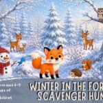 Winter forest scavenger hunt for kids ages 4–9 featuring Felix the Fox, snowy woodland animals, and a printable winter adventure game.