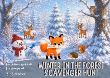 Winter forest scavenger hunt for kids ages 4–9 featuring Felix the Fox, snowy woodland animals, and a printable winter adventure game.