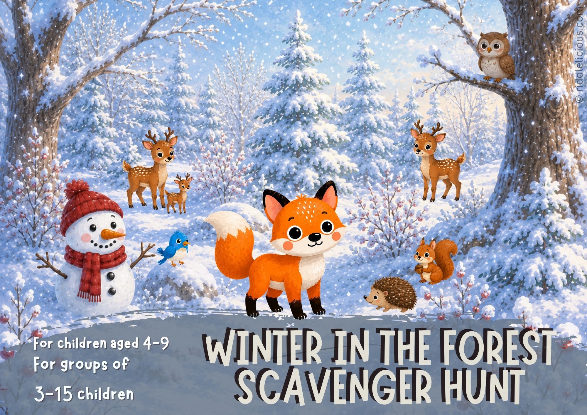 Winter Scavenger Hunt for Kids Printable PDF Forest Scavenger Hunt Winter Activity Ages 4–9 Birthday Party Game Winter forest scavenger hunt for kids ages 4–9 featuring Felix the Fox, snowy woodland animals, and a printable winter adventure game.