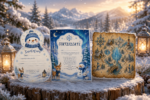 Printable winter treasure hunt invitation, completion certificate, and illustrated treasure map displayed in a snowy winter setting.