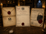 Dark fantasy mockup of a magical escape room set featuring an official envelope, invitation, and certificate on a wooden table in front of a gloomy castle.
