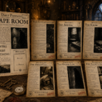 Printable wizard escape room puzzle set with rune challenges, cipher wheel, spell signs, clue sheets, and final escape puzzle for teens and adults.