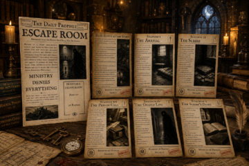 Printable wizard escape room puzzle set with rune challenges, cipher wheel, spell signs, clue sheets, and final escape puzzle for teens and adults.