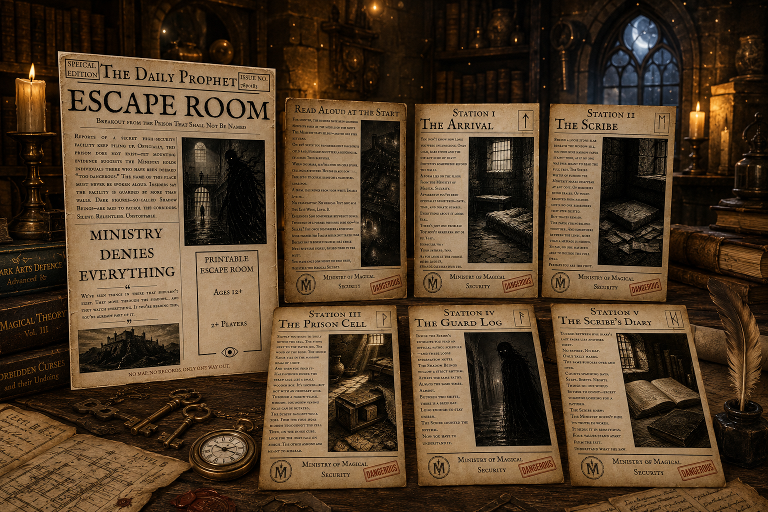 Printable Wizard Escape Room Kit for Teens & Adults Magical Prison Mystery DIY Escape Room Game PDF Printable wizard escape room puzzle set with rune challenges, cipher wheel, spell signs, clue sheets, and final escape puzzle for teens and adults.