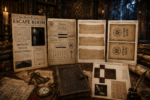 Printable escape room puzzles featuring a magical patrol schedule, coded clues, decoy envelopes, compass challenge, and wizard prison floor plan.