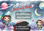 Child and animal astronauts among planets, with the title Star Walkers on a Space Expedition; for ages 4-9 and 3-12 participants.
