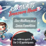 Child and animal astronauts among planets, with the title Star Walkers on a Space Expedition; for ages 4-9 and 3-12 participants.