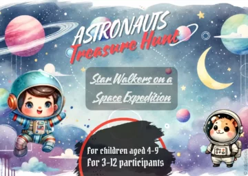 Child and animal astronauts among planets, with the title Star Walkers on a Space Expedition; for ages 4-9 and 3-12 participants.